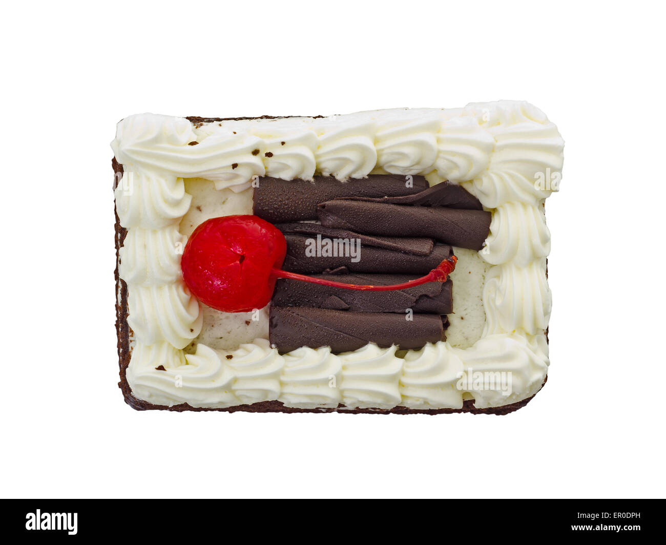 Stück Schokoladenkuchen mit roter Kirsche Topping, isoliert auf weißem Hintergrund und clipping-Pfad Stockfoto