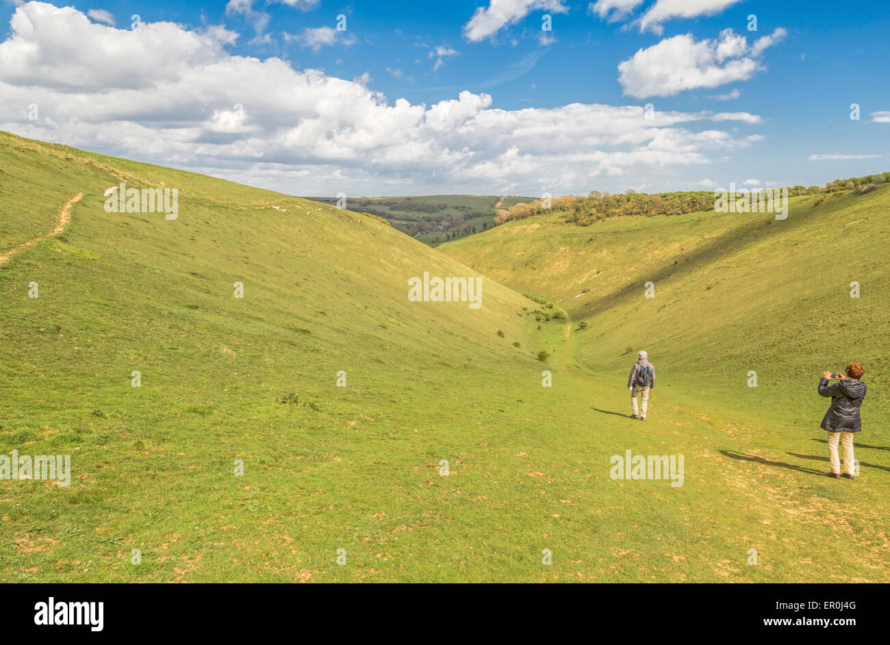 Wanderer zu Fuß hinunter ins Tal der Devils Dyke auf den South Downs Way, in der Nähe von Brighton, West Sussex, England, Vereinigtes Königreich. Stockfoto