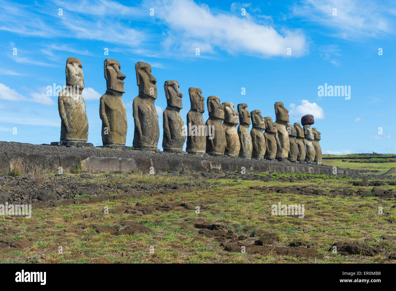 Moais am Ahu Tongariki, Nationalpark Rapa Nui, Osterinsel, Chile, UNESCO-Welterbe Stockfoto