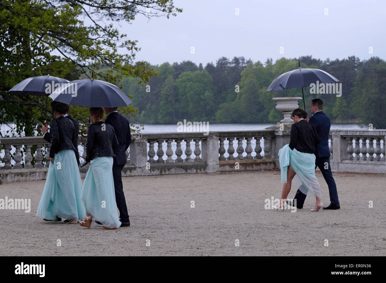 Paare in eleganter Kleidung, die während einer Fotosession vor der Hochzeit im Garten des Uzutrakis Manor Palace, einem Wohnsitz aus dem späten 19. Jahrhundert der Familie Tyszkiewicz in Uzutrakis, am Ufer des Galve-Sees, gegenüber dem berühmten Schloss Trakai, im Regen spazieren gehen. Litauen Stockfoto