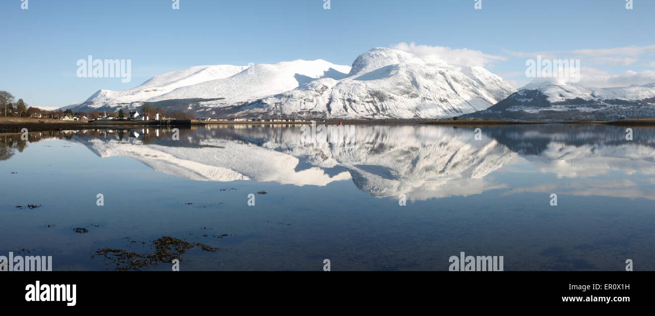 Panorama des Ben Nevis spiegelt sich in Loch Linnhe im Winter. Stockfoto
