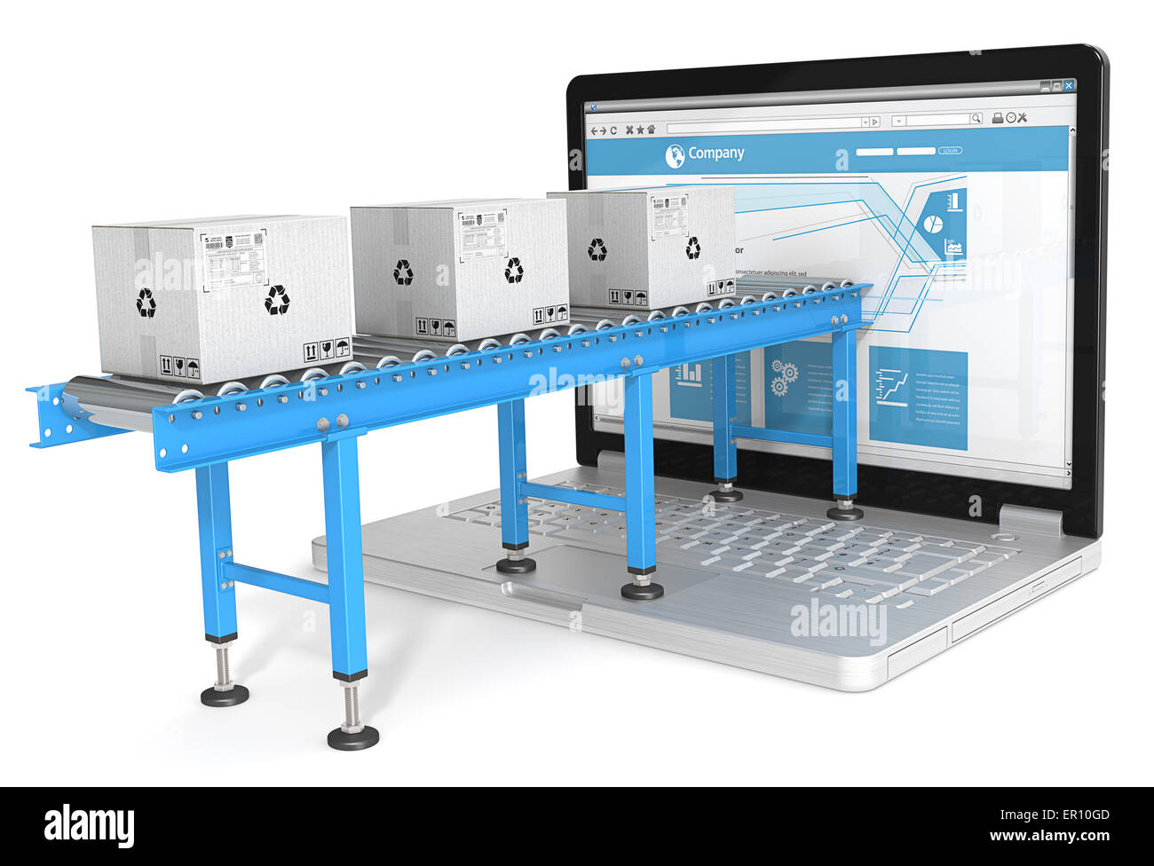 Industrielle Förderband mit Karton Boxen an Laptop-Bildschirm angeschlossen. Design blau. Stockfoto