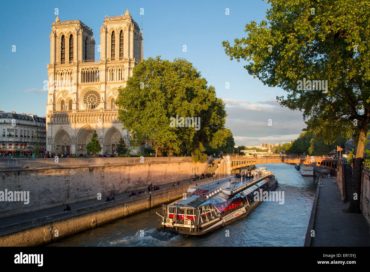 Abendessen Kreuzfahrt Schiff segelt auf Ufer unterhalb der Kathedrale Notre Dame, Paris, Frankreich Stockfoto