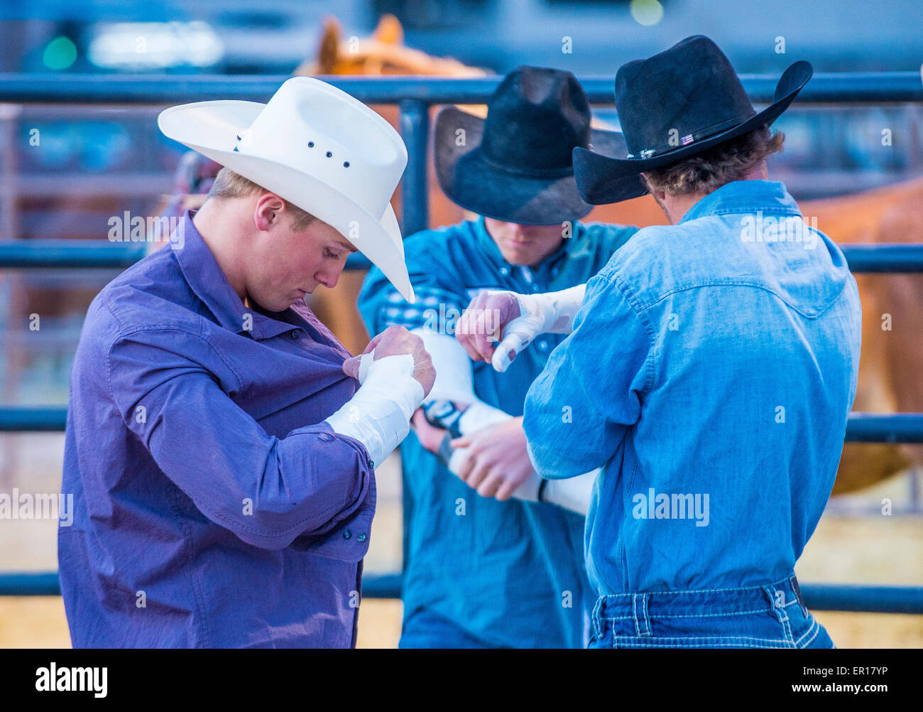 Vorbereitung für die Helldorado Tage Rodeo Cowboys, statt ein professioneller Rodeo in Las Vegas, Nevada Stockfoto