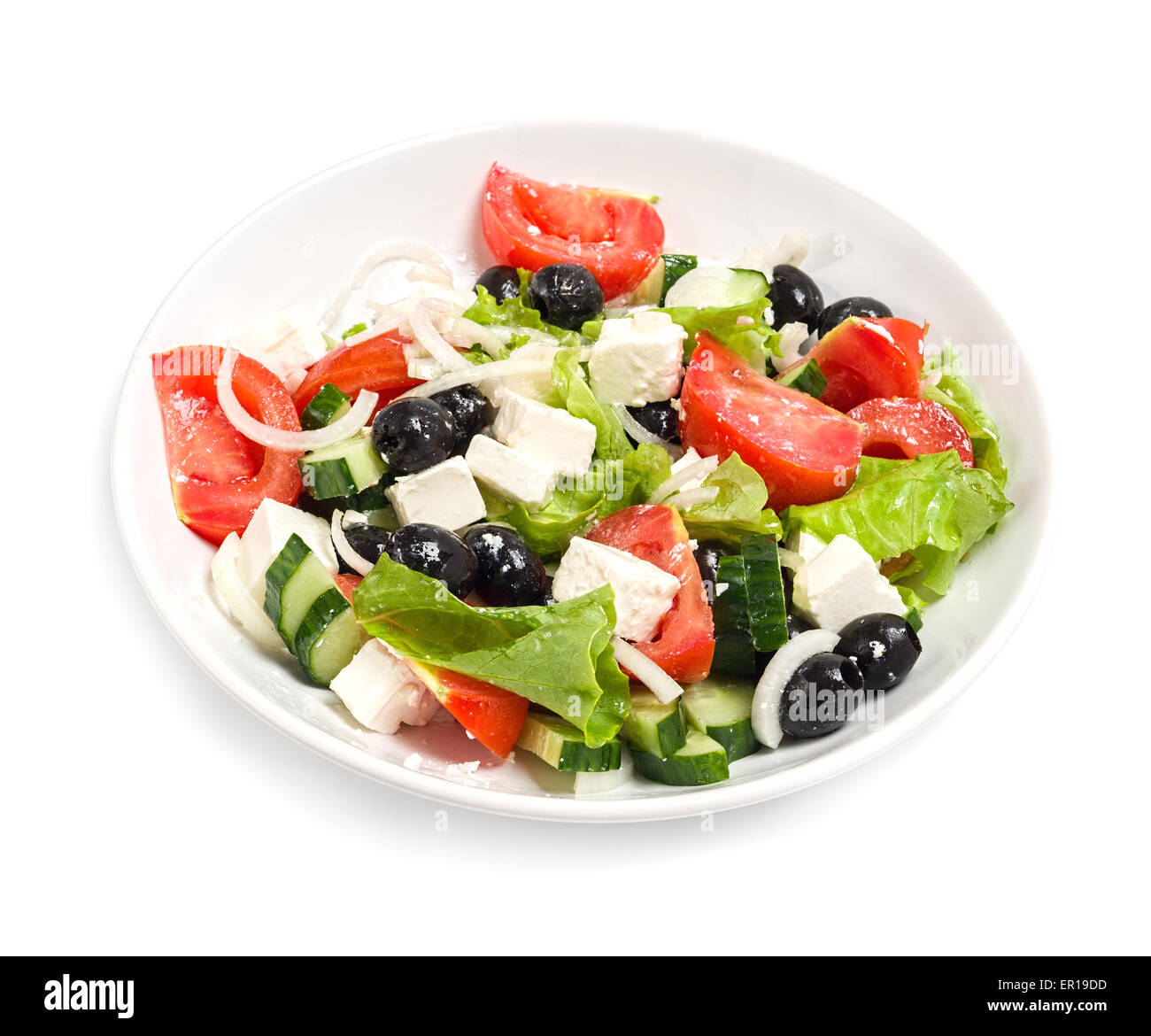 Platte mit dem Salat auf einem weißen Tisch, isolieren Stockfoto