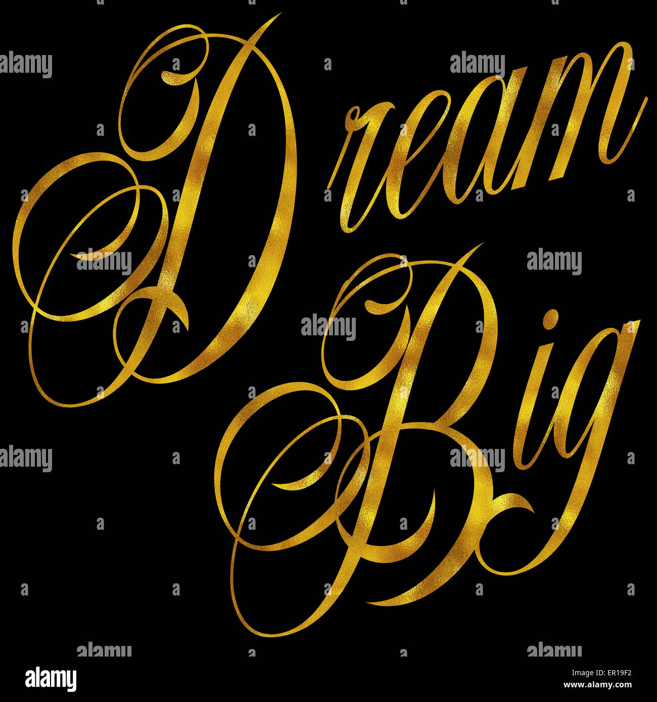 Dream Big Gold Faux Folie Metallic Glitter Zitat auf schwarzem Hintergrund isoliert Stockfoto