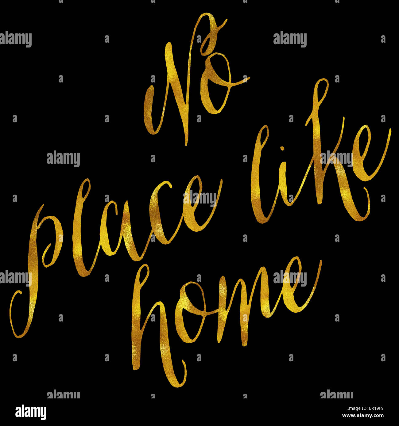 Kein Platz wie Zuhause Gold Faux Folie Metallic Glitter Zitat isoliert auf schwarz Stockfoto