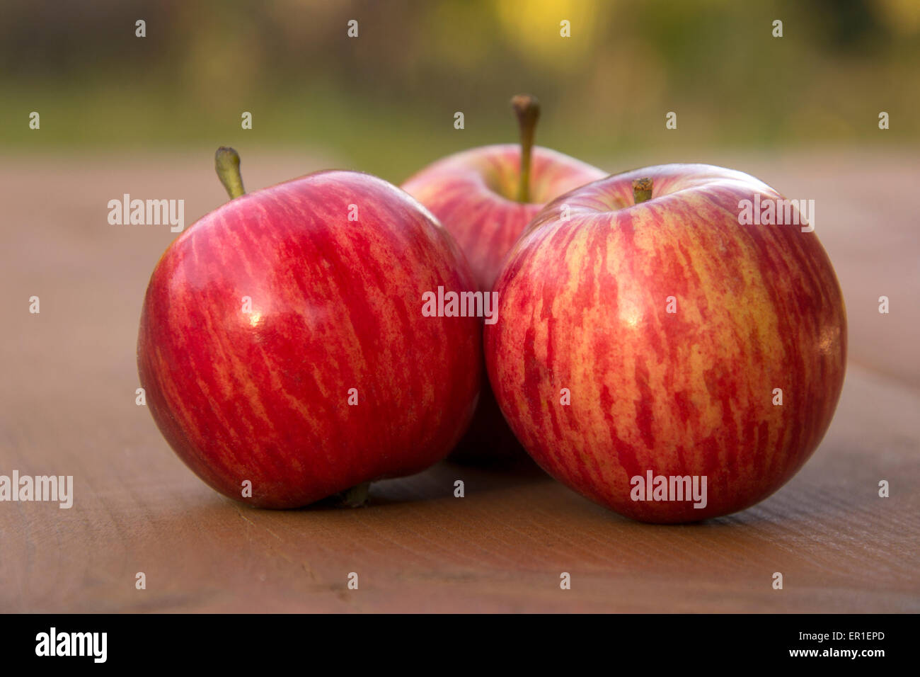 Drei schöne roter Apfel auf einem Holztisch Stockfoto