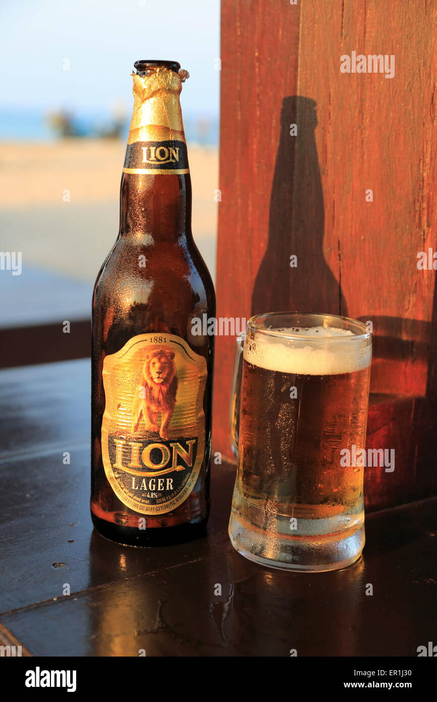 Nahaufnahme von kaltem Glas und Flasche Lion Lagerbier, Sri Lanka, Asien Stockfoto