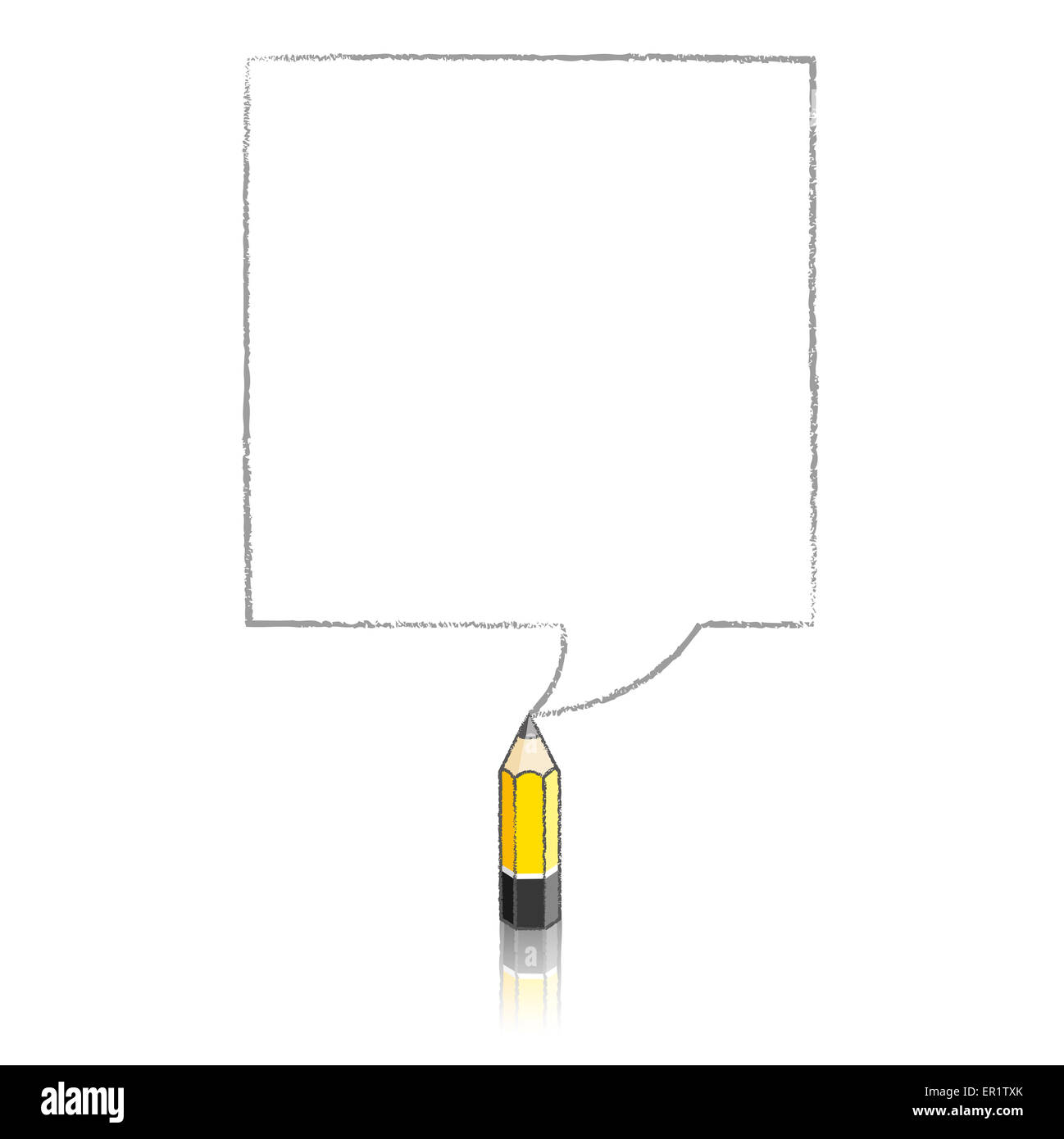 Hölzerne gelben Bleistift mit Reflexion Zeichnung grau Square Sprechblase auf weißem Hintergrund Stockfoto