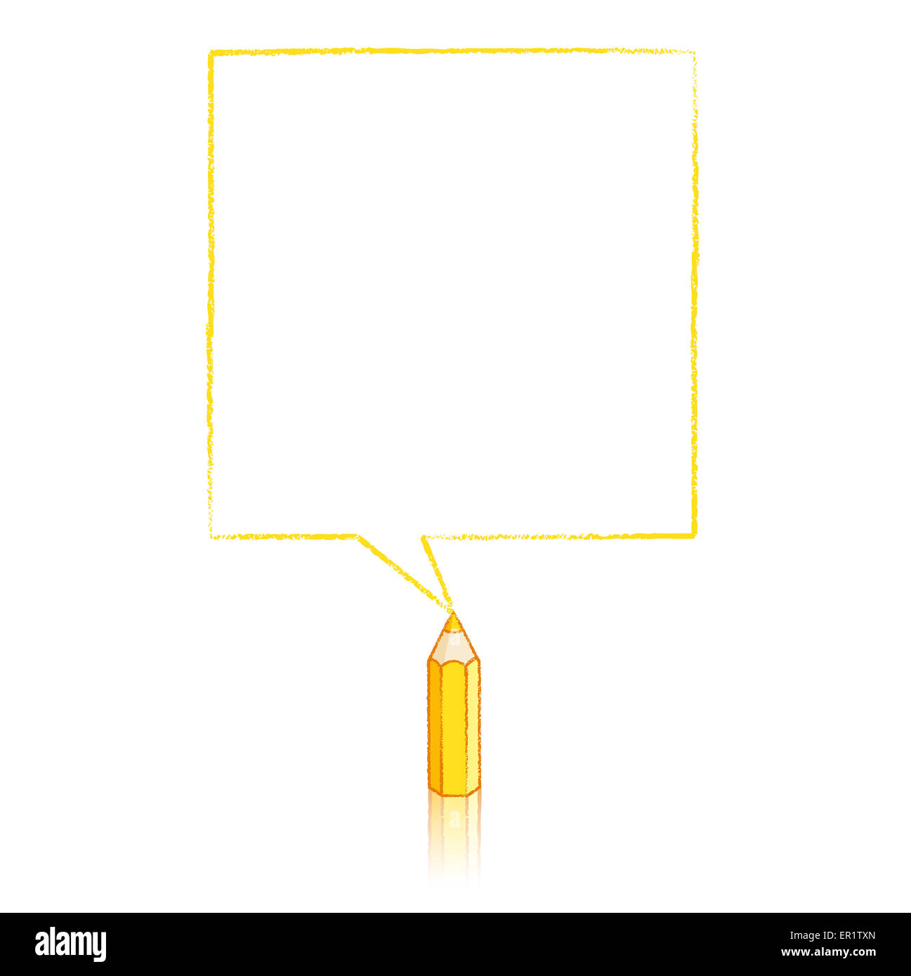 Gelbe Bleistift mit Sprechblase Reflexion Zeichnung Quadrat auf weißem Hintergrund Stockfoto