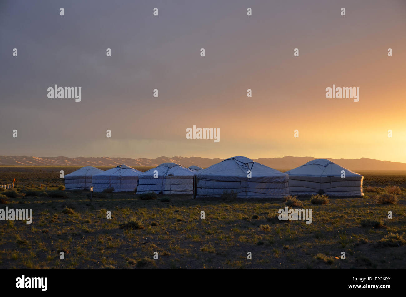 Eine Jurte-Turist-Camp in der Wüste Gobi in der Nähe der Khongoryn Sanddünen, Omnogovi Provinz, südlichen Mongolei. Stockfoto