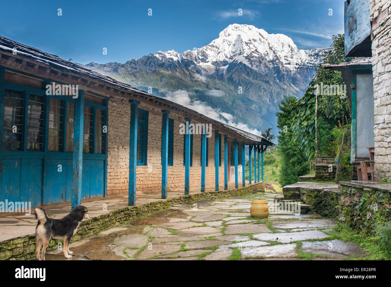 Blick auf die verschneiten Berggipfel aus einer touristischen Lodge im Himalaya, Nepal Stockfoto