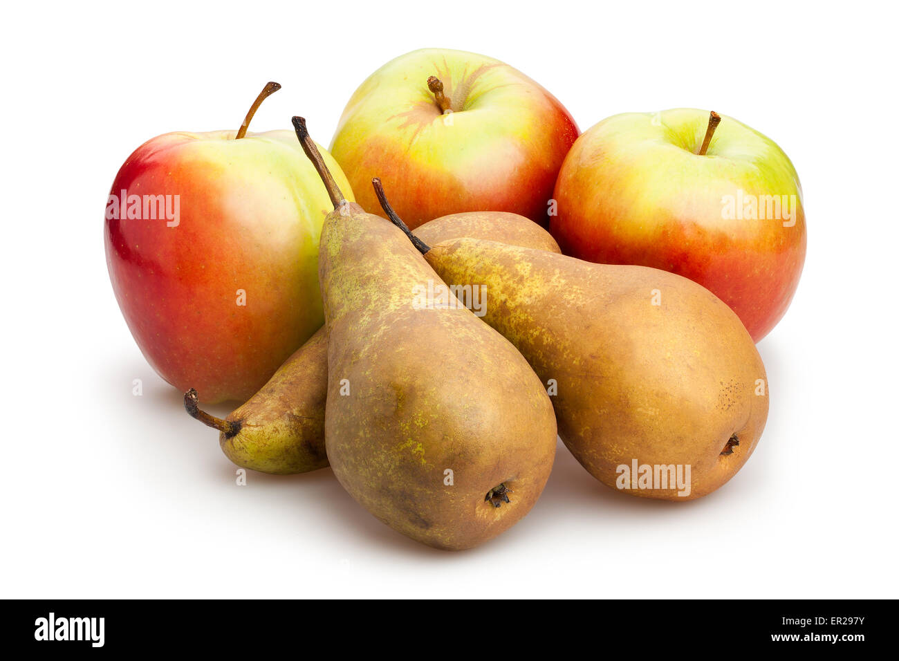 Apfel und Birne, isoliert Stockfoto