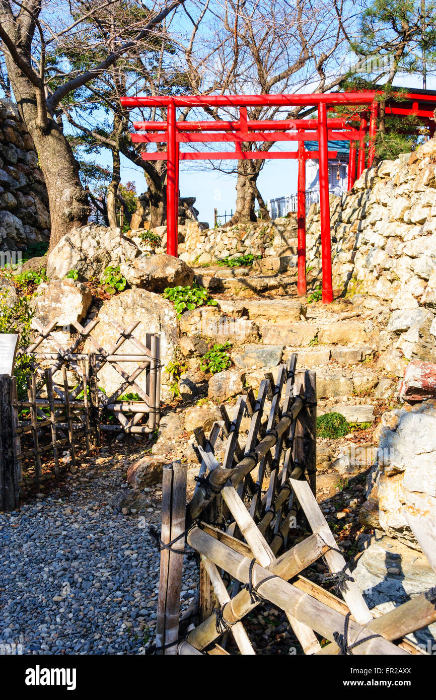 Zwei Zinion torii Tore, die zu kleinen schintoistischen Schrein auf Steintreppen führen durch Ishigaki Steinmauern am Hamamatsu Schloss in Japan Stockfoto