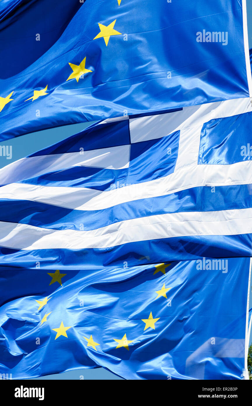 Zwei europäische Flaggen sandwich-Griechenland Stockfoto