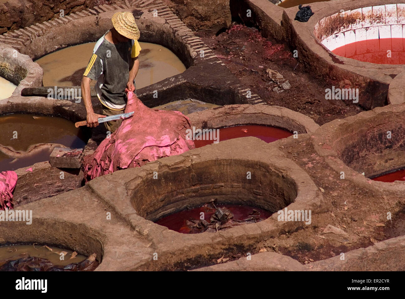 Leder Färbeverfahren in Fes, Marokko Stockfoto