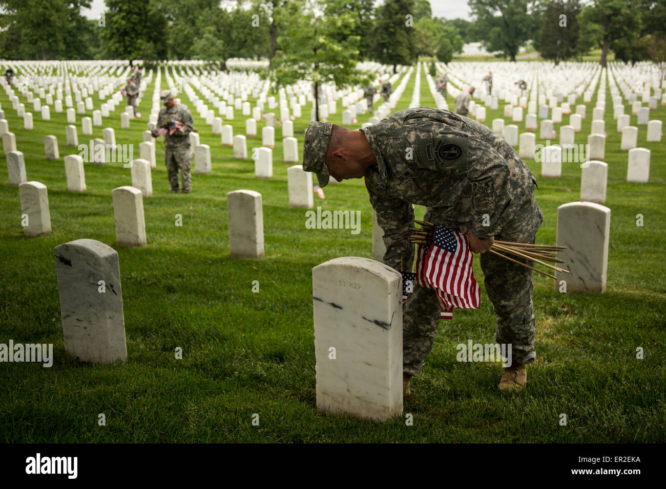 Ein Soldat der US Army aus der alten Garde legt Flaggen vor Grabstätten zu Ehren des Memorial Day auf dem Arlington National Cemetery 21. Mai 2015 in Arlington, Virginia. Die alte Garde dirigierte Flaggen-in, wenn eine amerikanische Flagge befindet sich bei jedem Grabstein seit 1948. Stockfoto