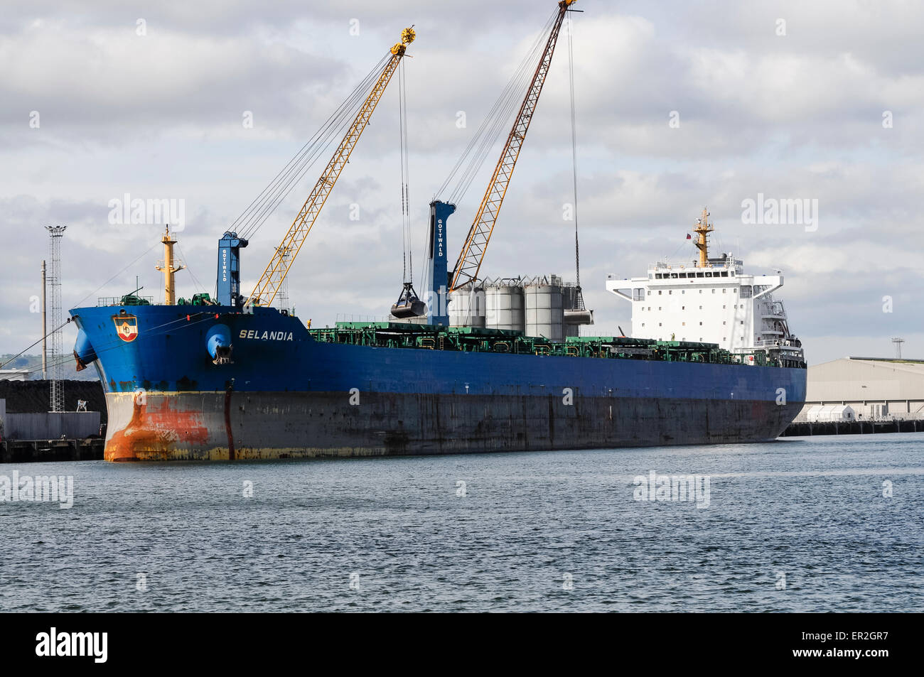 Kräne entladen Fracht aus der Selandia Bulk-Frachtschiff Stockfoto