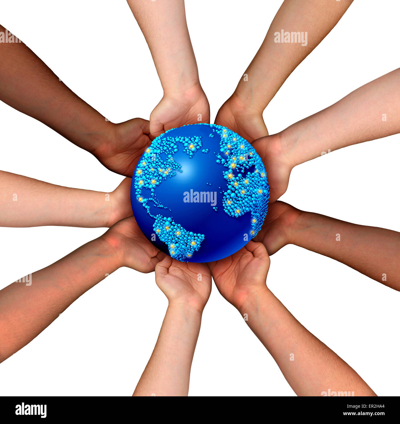 Globale Zusammenhänge und Globalisierung-Konzept als eine angeschlossene Business-Netzwerk von multiethnischen Menschen halten einen Welt Karte Planeten fo Stockfoto
