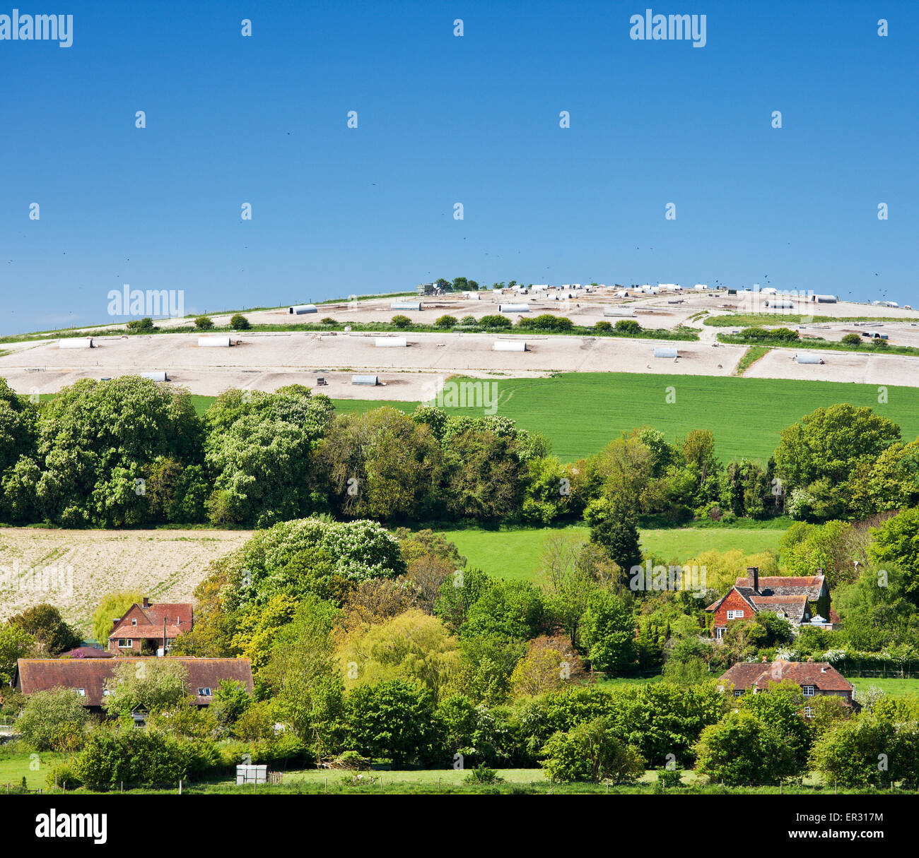 Rotes Tor Schweinefarm, Annington Hill, South Downs Way, Steyning, West Sussex, England, UK. Stockfoto