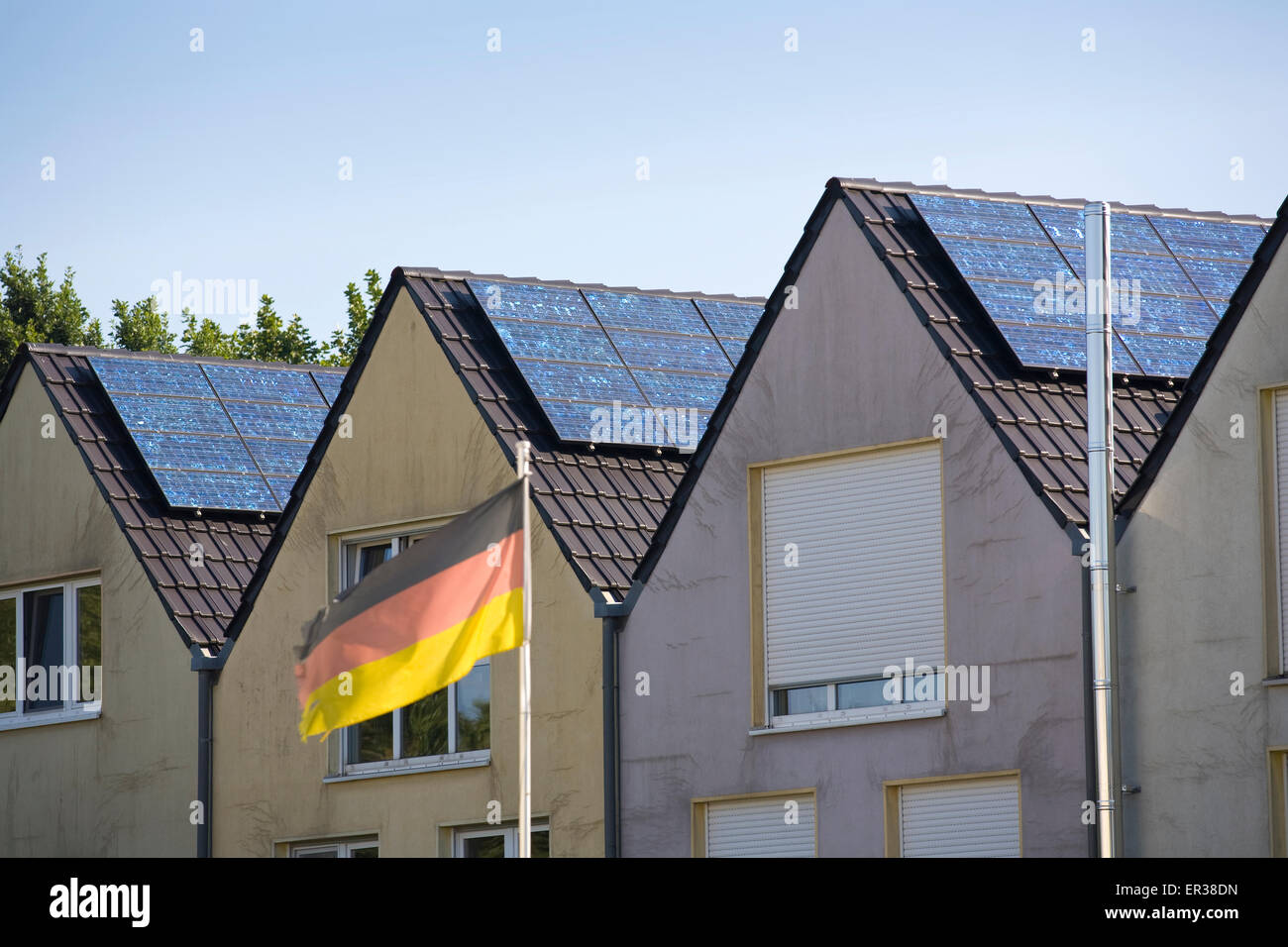 Europa, Deutschland, Nordrhein-Westfalen, Gelsenkirchen, Solarenergie Wohnsiedlung Gelsenkirchen-Bismarck, Solaranlagen Stockfoto