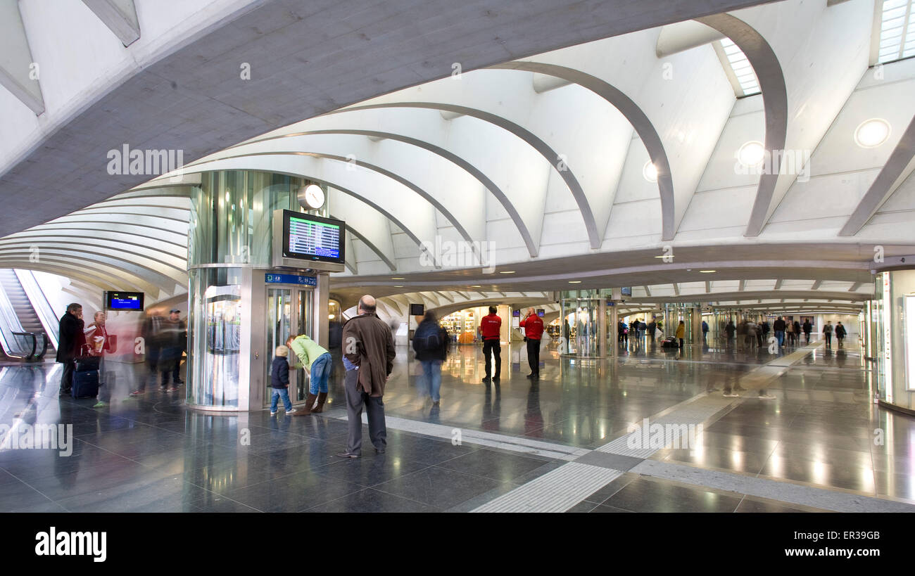 Europa, Belgien, Liege, Passage mit Geschäften und Bars am Bahnhof Liège-Guillemins, Architekt Santiago Calatrava Europ Stockfoto