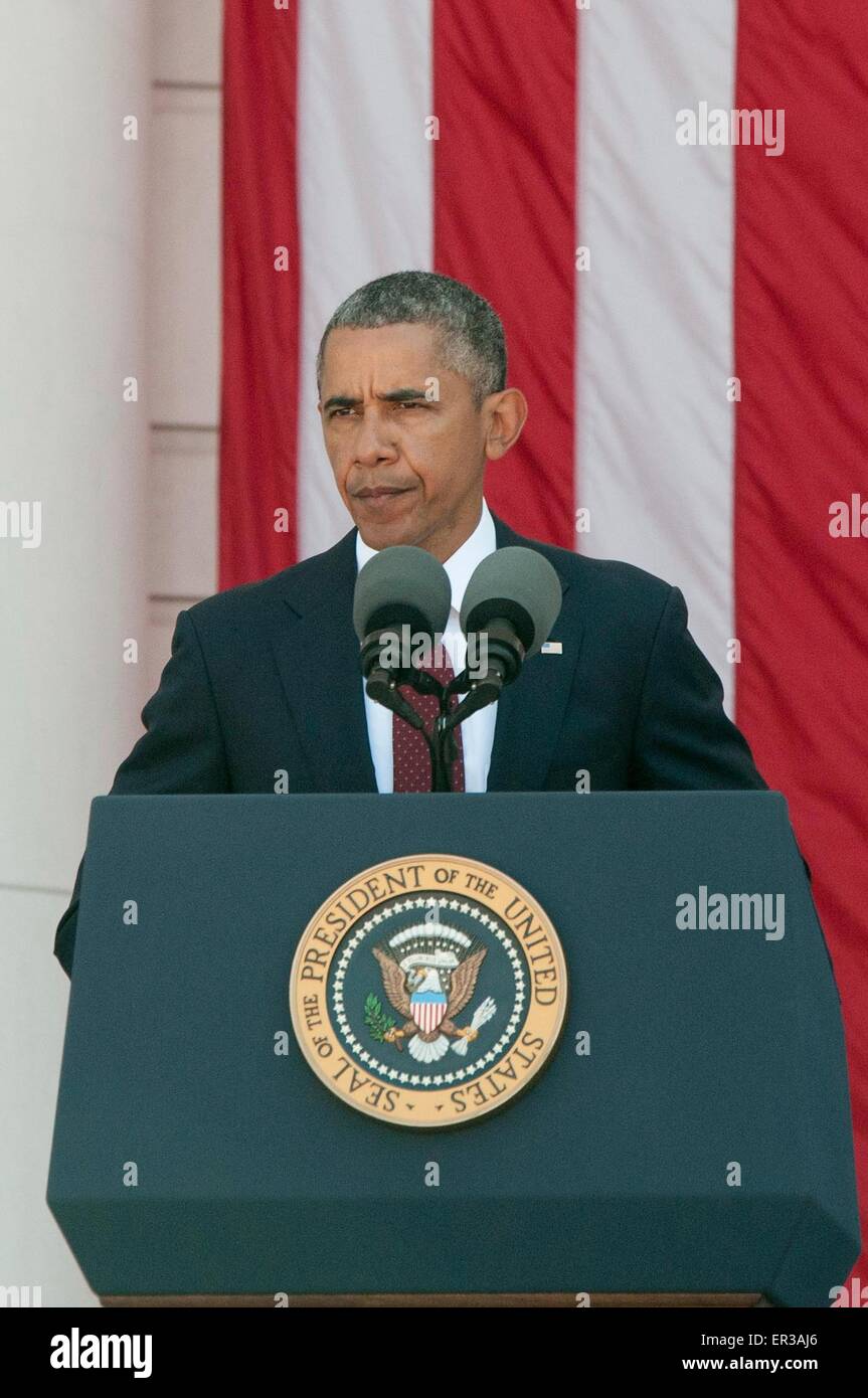 US-Präsident Barack Obama gibt die traditionelle Memorial Day-Adresse von Arlington Staatsangehörig-Kirchhof 25. Mai 2015 in Arlington, Virginia. Stockfoto