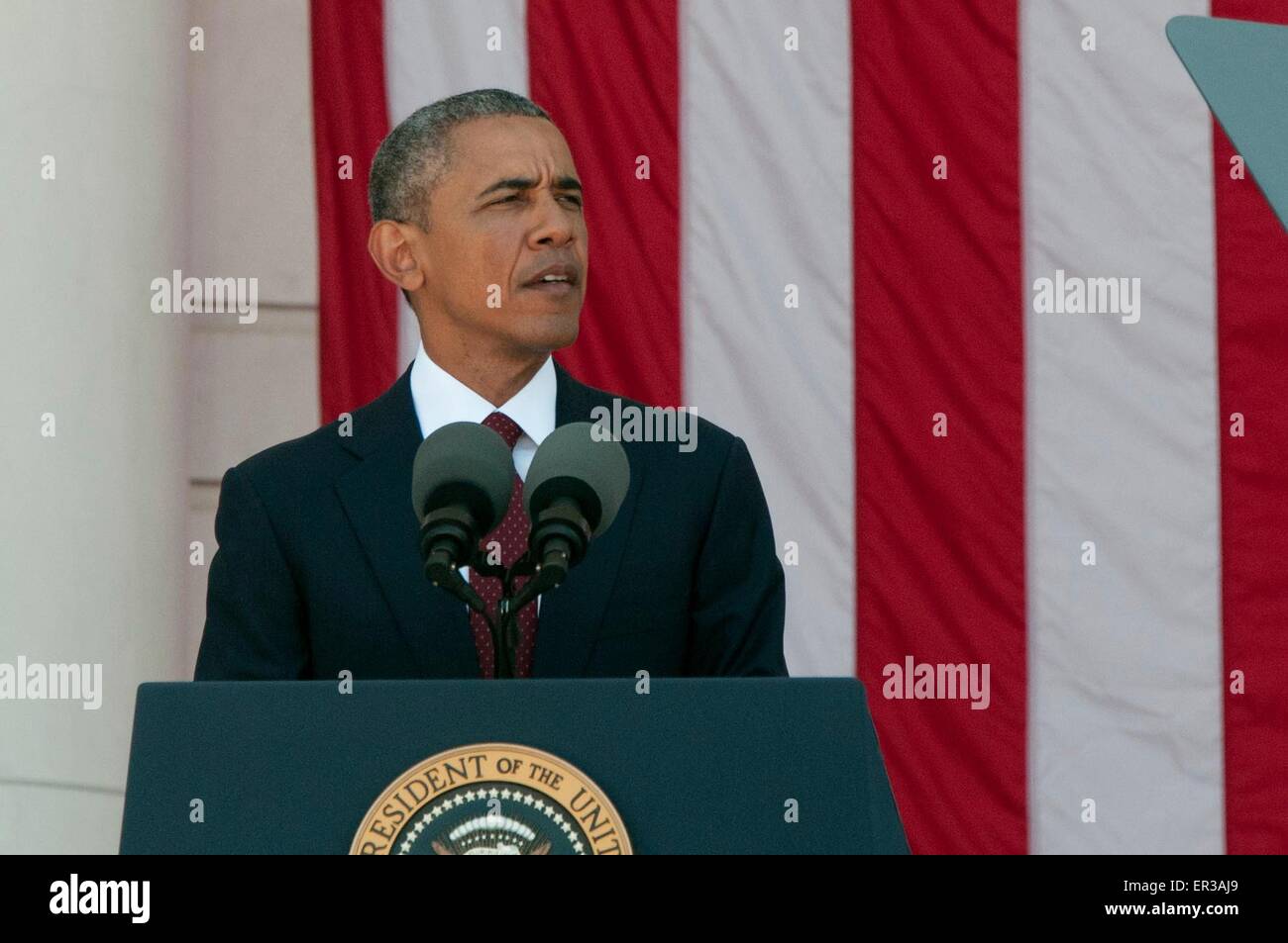 US-Präsident Barack Obama gibt die traditionelle Memorial Day-Adresse von Arlington Staatsangehörig-Kirchhof 25. Mai 2015 in Arlington, Virginia. Stockfoto