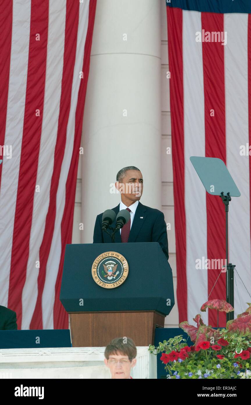 US-Präsident Barack Obama gibt die traditionelle Memorial Day-Adresse von Arlington Staatsangehörig-Kirchhof 25. Mai 2015 in Arlington, Virginia. Stockfoto