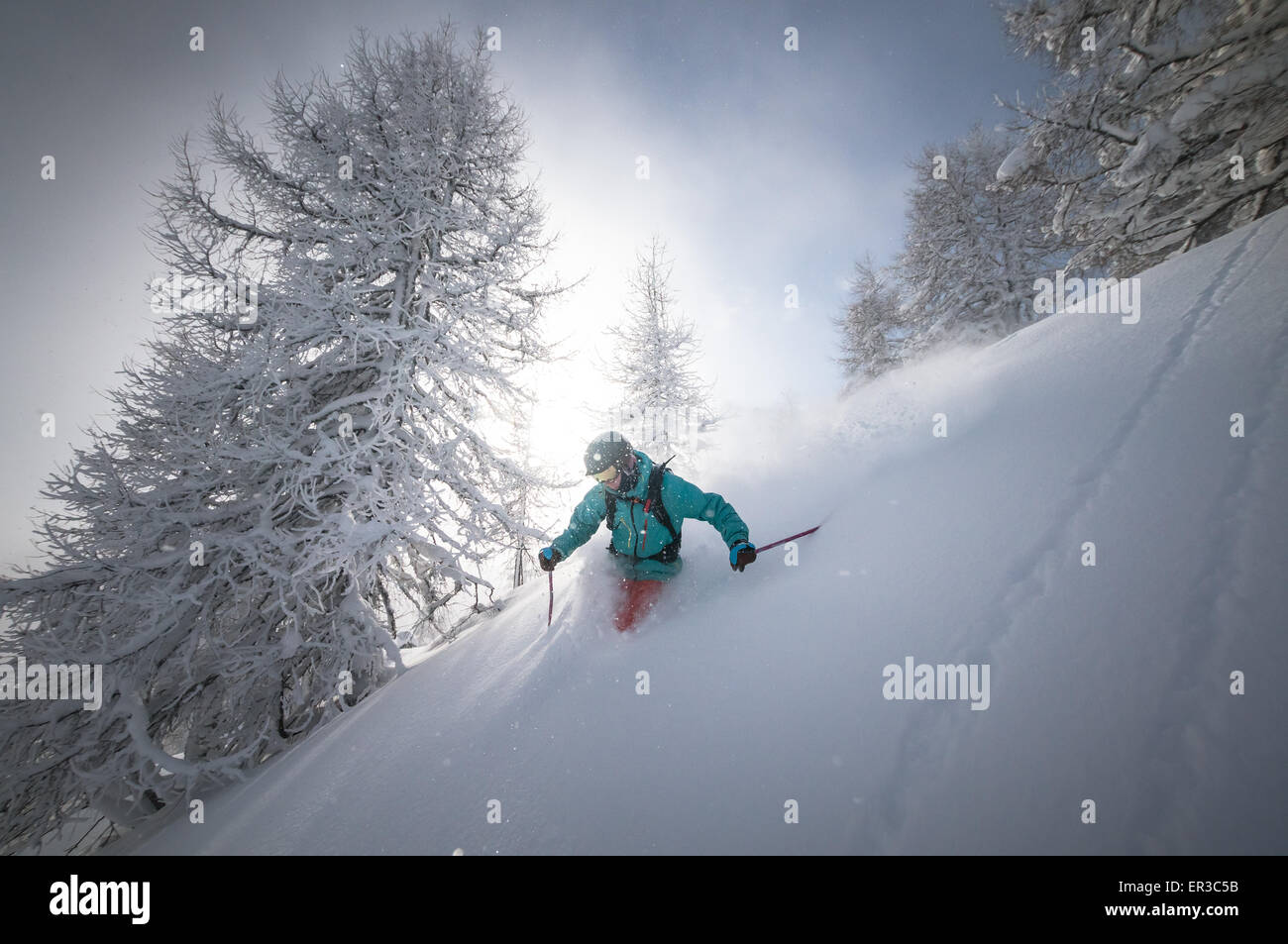 Mann tiefen Pulverschnee Skifahren, Salzburg, Österreich Stockfoto