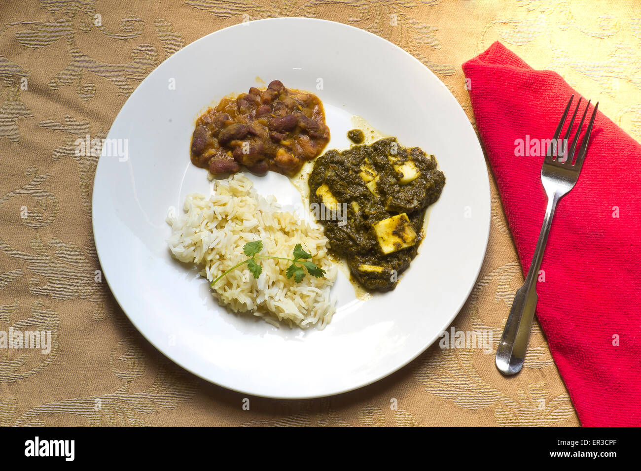 Sag Paneer - authentische indische Küche mit Basmati-Reis und Bohnen-curry Stockfoto