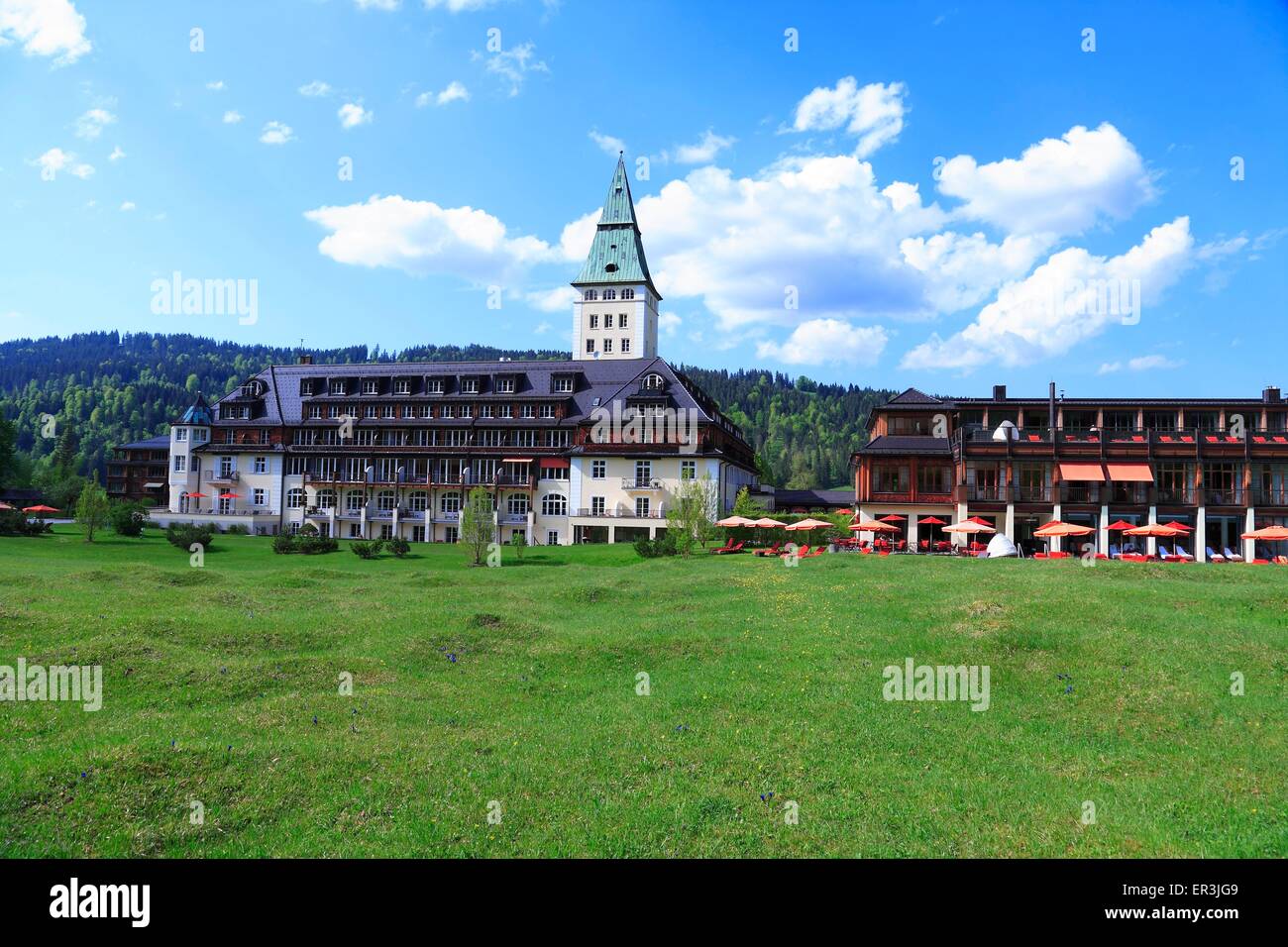 Schloss Elmau in der Nähe von Krün vor dem G7-Gipfel im Juni 2015 Stockfoto