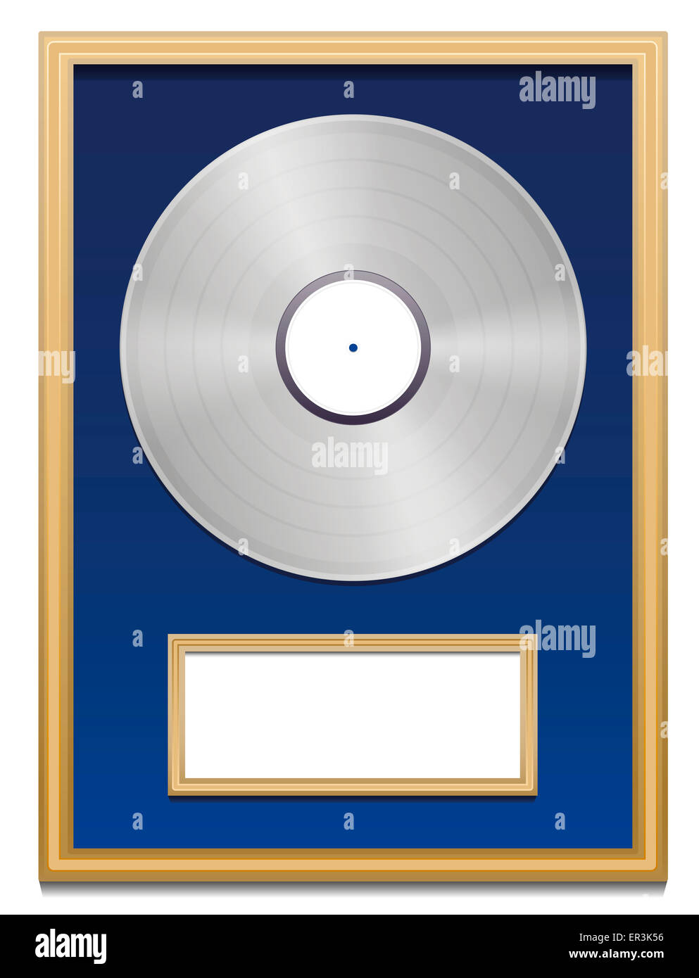 Platin-Zertifizierung mit leere Plakette, die beschriftet werden kann, in einem Goldrahmen auf blauem Grund. Stockfoto