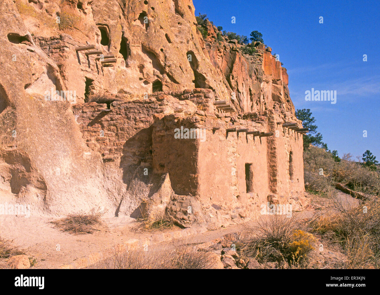 Ein Teil des Long House Anasazi Ruinen in Frijoles Canyon, im Hauptteil des Bandelier National Monument, New Mexico Stockfoto