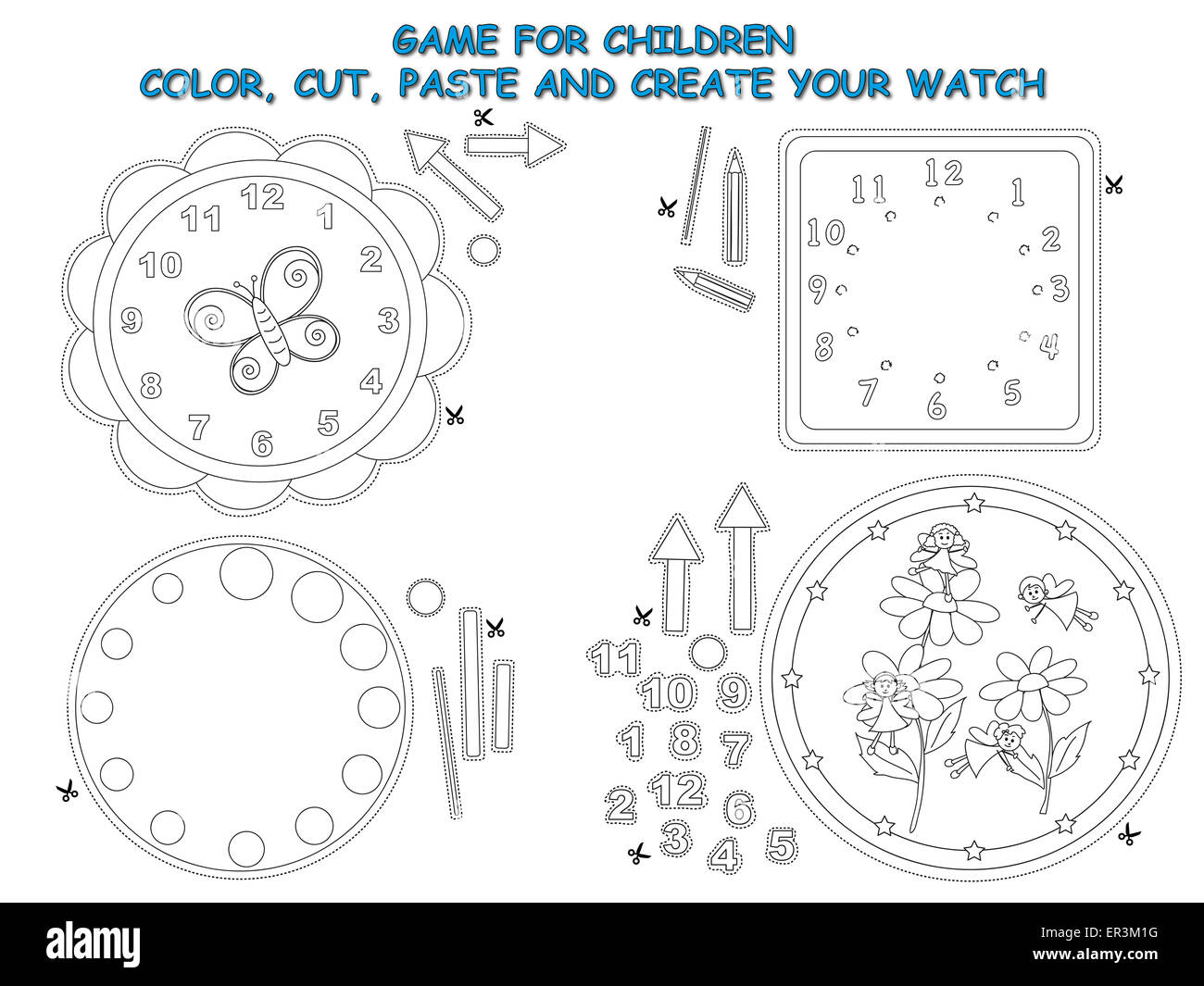 Spiel für Kinder: Erstellen Sie Ihre Uhr Stockfoto