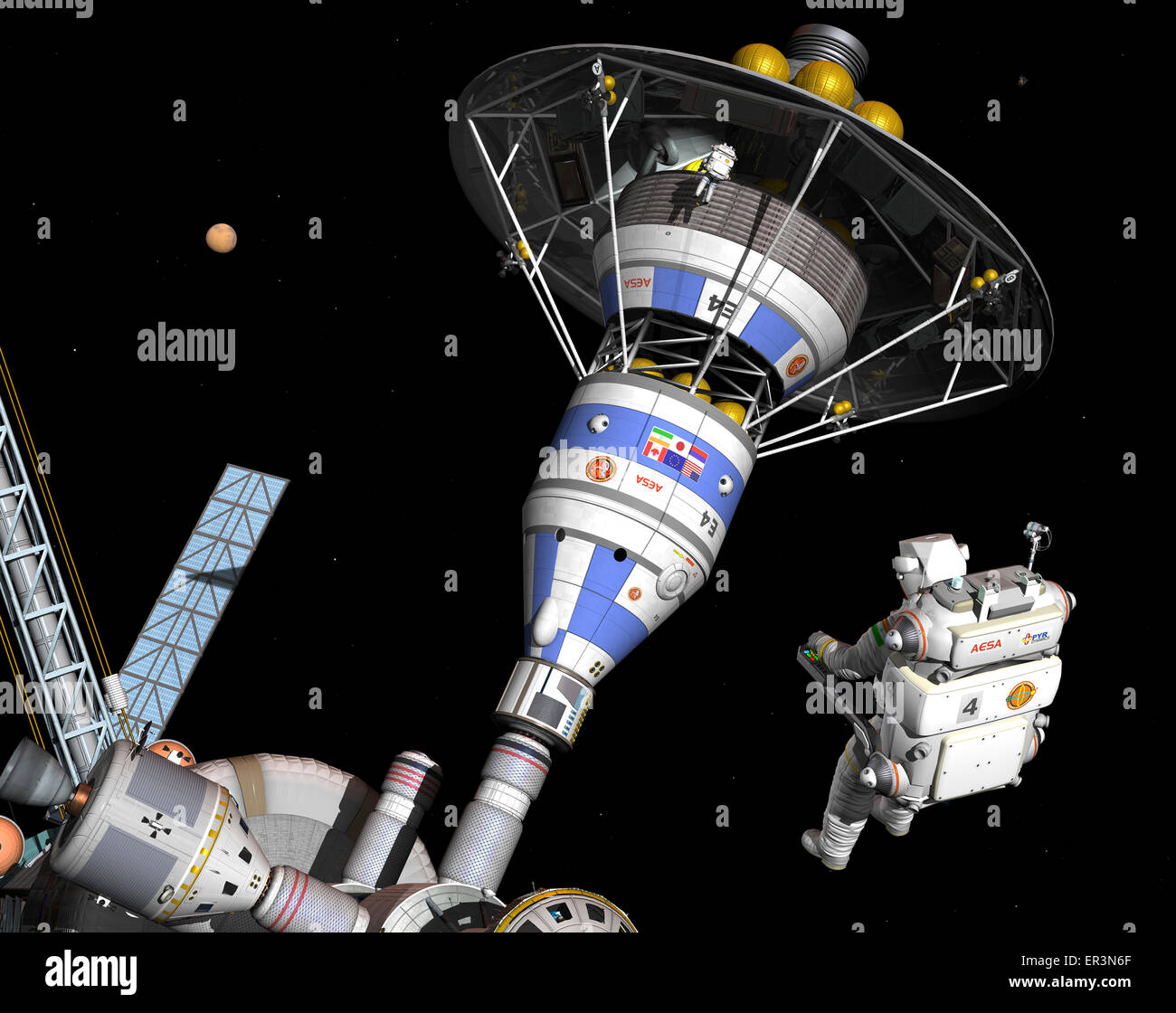 Ein paar Astronauten in bemannte manövrieren Einheiten durchführen eine Endkontrolle eines bemannten Mars Lander/Rückkehr Fahrzeugs vor disemb Stockfoto