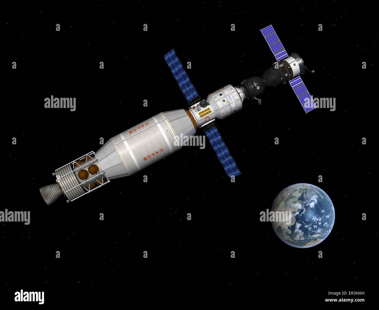 Eine bemannte Soyuz TMA-M-Sonde mit einem längeren Aufenthalt drei-Personen-Modul angedockt beginnt Umlaufbahn der Erde mit Hilfe von einem Ru verlassen Stockfoto