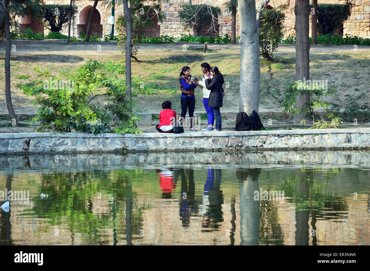 Junge indische College Studenten Lustbarkeiten Lodhi Gärten Delhi Indien 14. Februar 2015 am Valentinstag feiern. Stockfoto