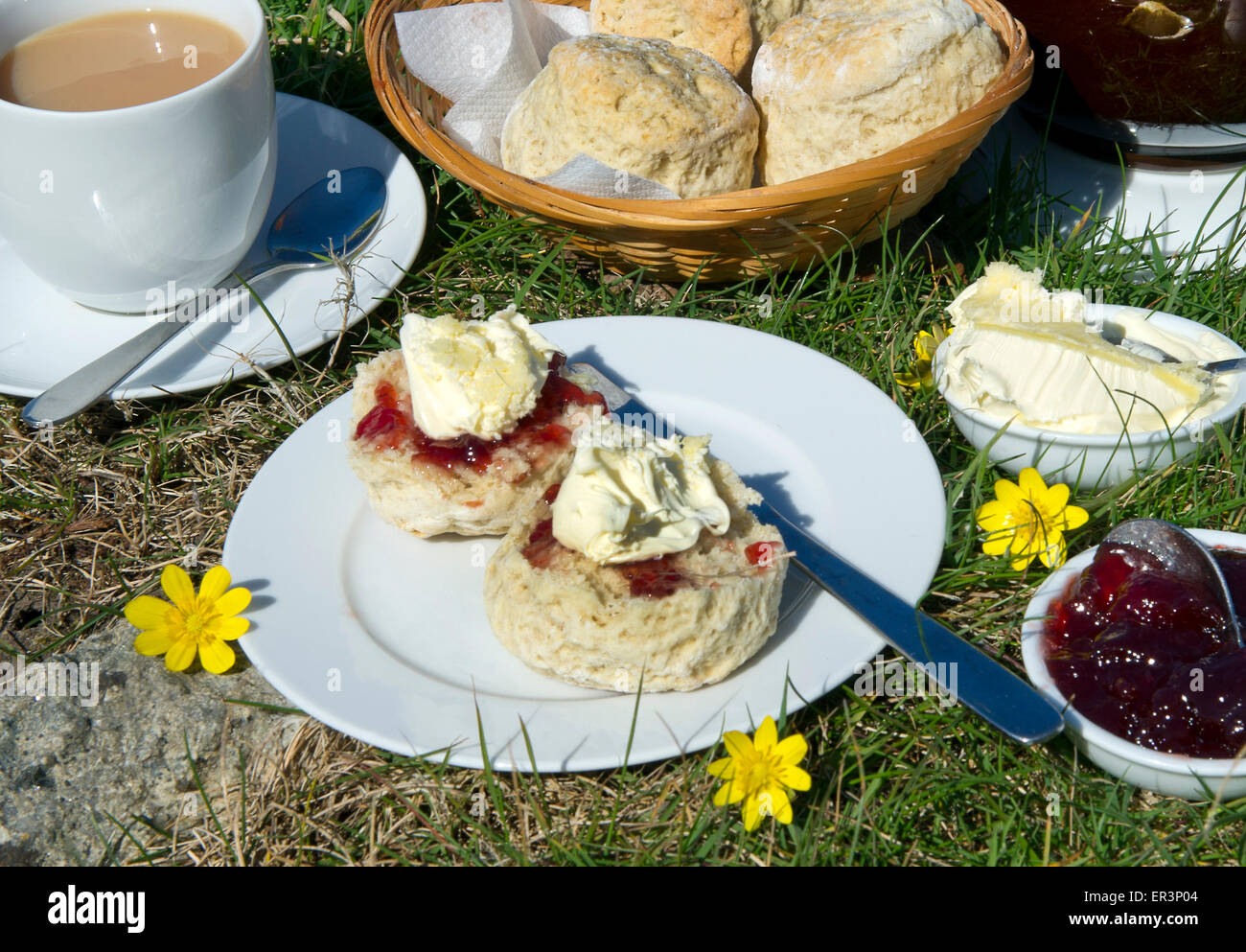 Traditionellen kornischen Sahne Tee mit Scones, kornische Gegeronnene Creme, Marmelade und tea.a UK Cornwall Essen Tee Essen Ofen backen Backen Stockfoto