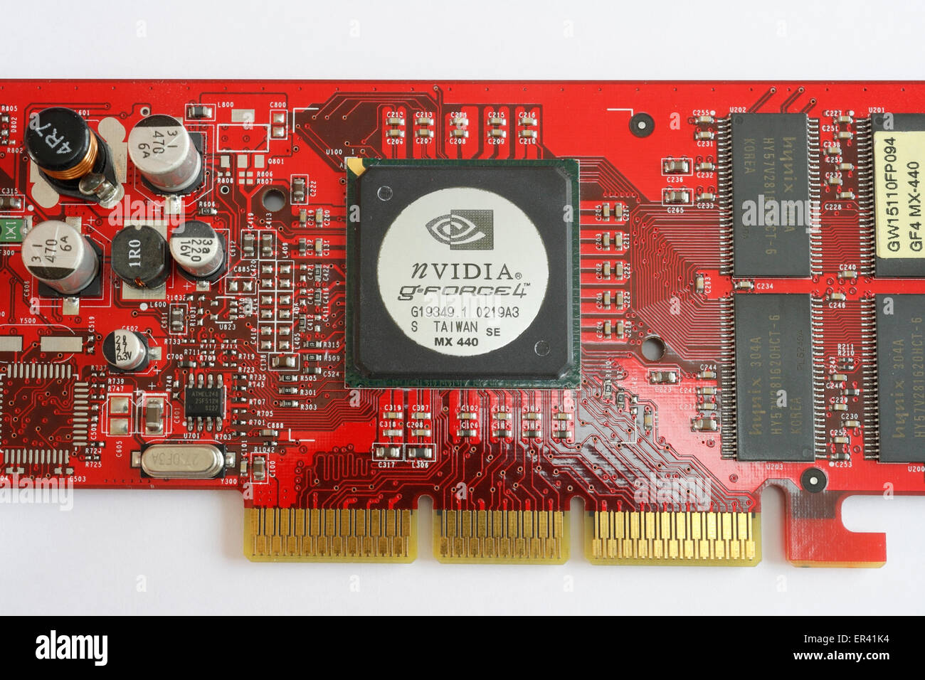 Computer-Grafikkarte mit elektronischen Komponenten und Leiterplattenerweiterungsplatine Stockfoto