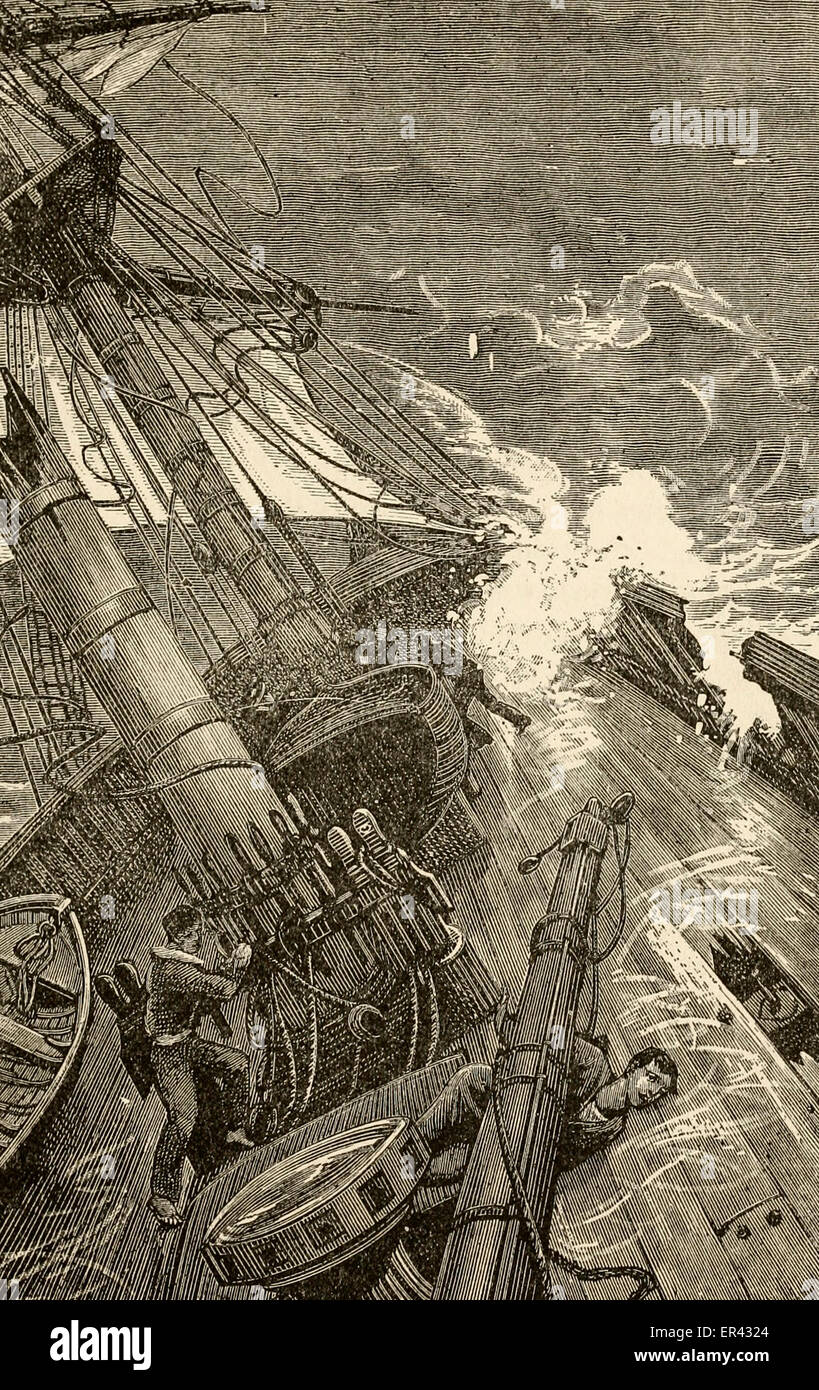 Ein Schiff gefangen in einem Hurrikan und Untergang, ca. 1885 Stockfoto