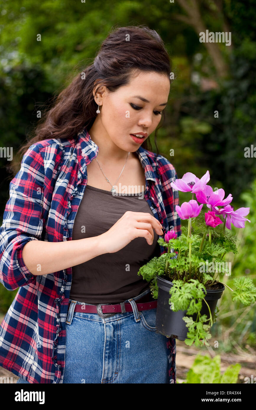junge Frau hält eine Pflanze im Garten Stockfoto
