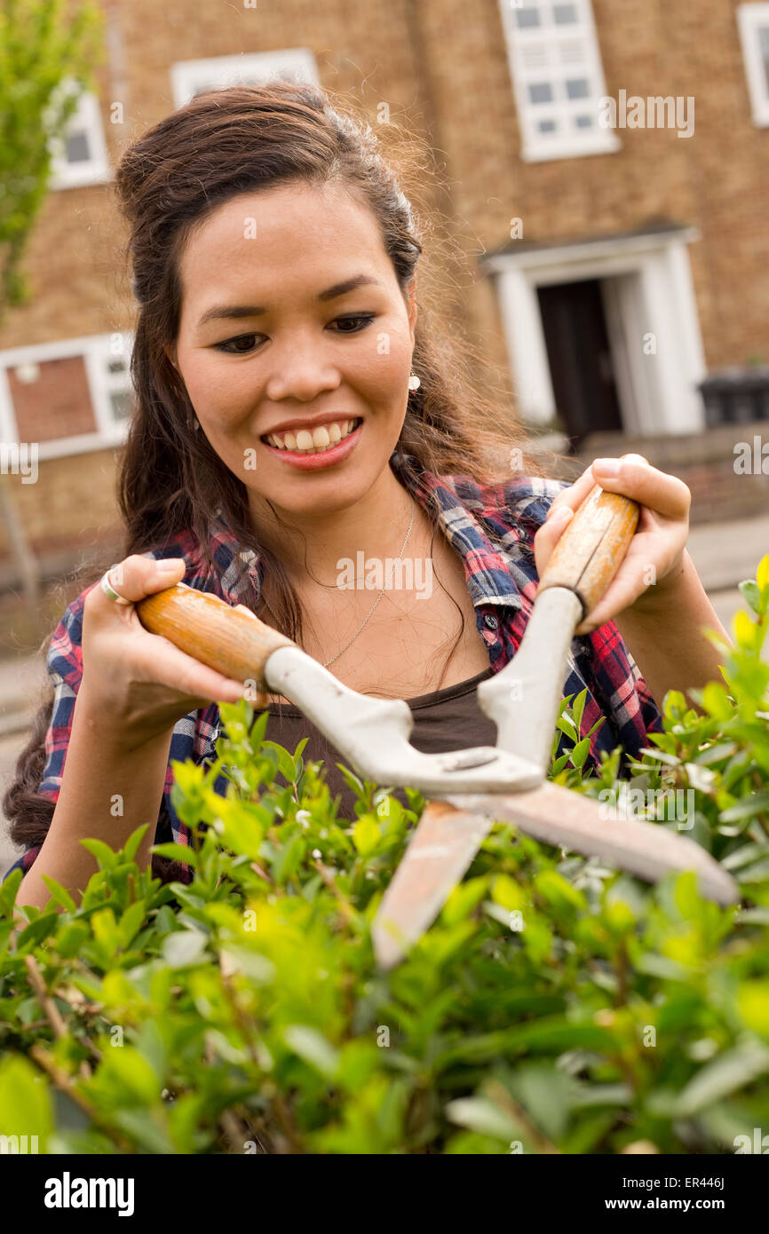 junge Frau, die ihre Hecke schneiden Stockfoto