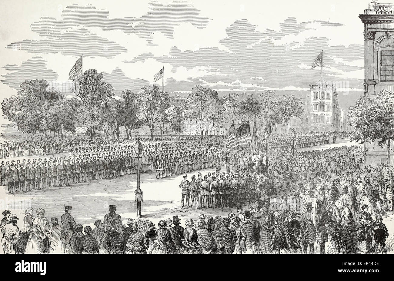 Die deutschen Regiment, Steuben Freiwilligen, Colonel John E Bendix Kommandeur, Erhalt der amerikanischen und Steuben Fahnen vor der City Hall, New York, 24. Mai 1861 USA Bürgerkrieg Stockfoto