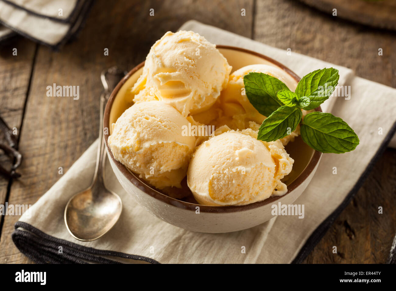 Hausgemachte Bio Vanille-Eis mit Minze Stockfotografie - Alamy