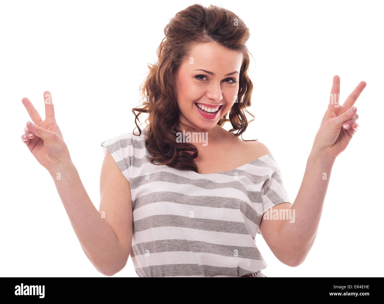 Junge Model posiert mit Peace-Zeichen Stockfoto
