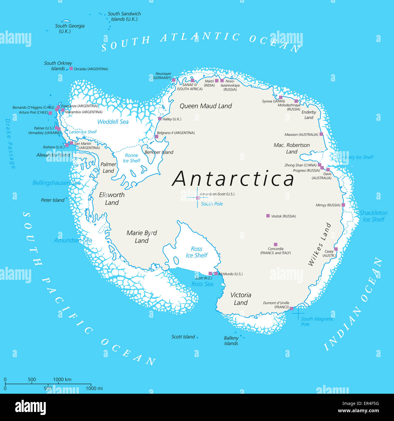 Antarktis Landkarte mit Südpol, wissenschaftliche Forschungsstationen und Eis Regale. Englische Beschriftung und Skalierung. Stockfoto