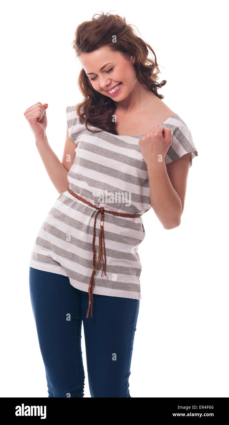 Junge Frau posiert vor einem weißen Hintergrund Stockfoto
