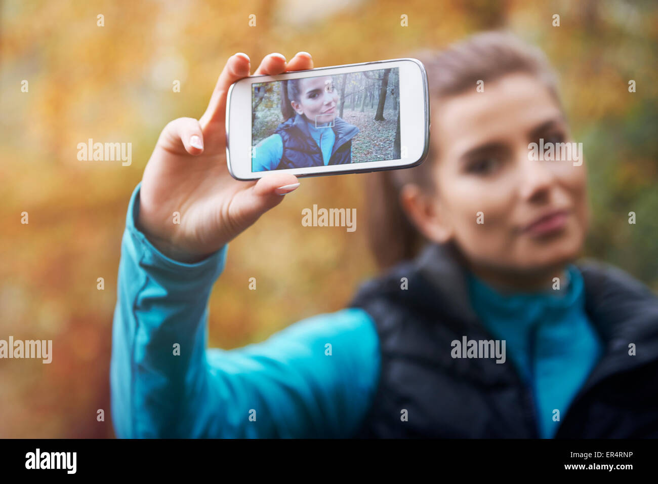 Selfie auf social Network aus meiner morgendlichen Jogging. Debica, Polen Stockfoto